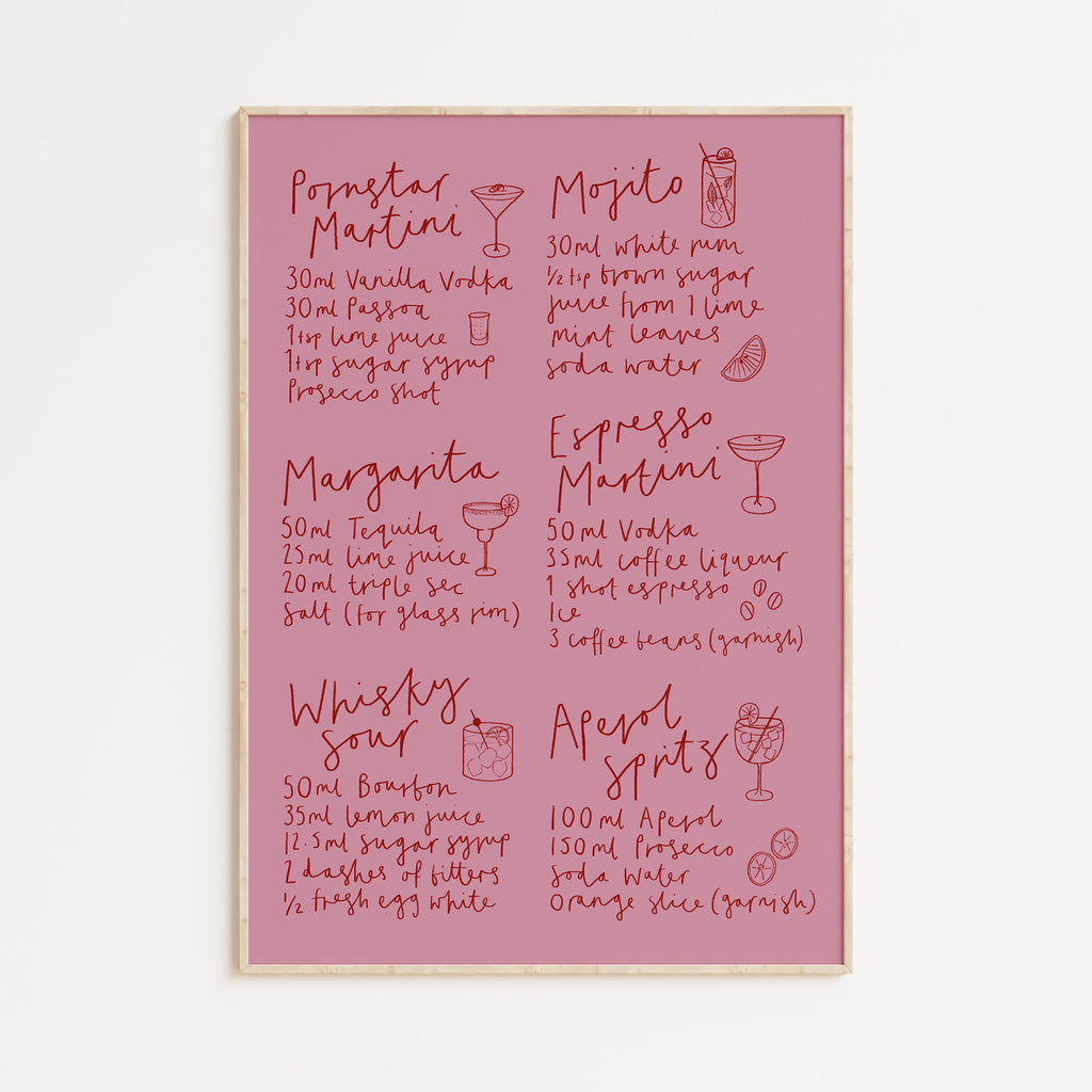 Cocktail Recipes - Pink A3 Print